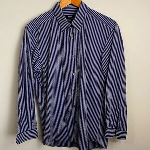 Boss Hugo Boss Navy/Silver Striped Men's Button-Up Long Sleeve Shirt‎ Size Large
